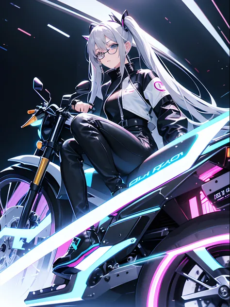 Long hair, Twintail, Light silver hair, Lilac Eyewear, Normal milk, Bikers White Shirt, Bikers Black Jacket, Tight black jeans, motor bikes, during night, smoking tobacco, Wear black gloves，Leaning on the motorcycle，Kawasaki Ninja，Metallic Color，Pink neon，...