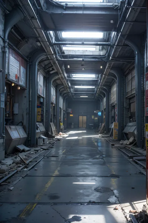 Ruins of future wars，Post-war streets，Future science fiction，The industrial base of the future，empty of people，Bright environment，White wall material，The industrial base of the future，fluorescent light，,movie industrial lighting, illusory engine. retro fil...