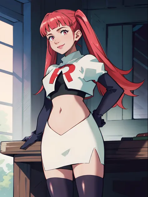 hilda valentine goneril, twintails ,rocket,team rocket uniform, red letter r, white skirt,white crop top,black thigh-highs,black...