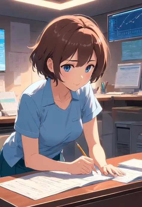 mother with big breasts（blue short sleeves，Short brown hair，No braids）Sitting at a desk in a control center reading documents the desk is full of papers