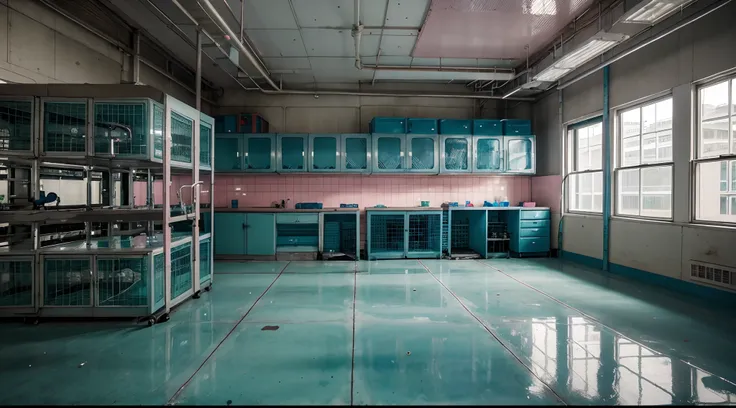 15 cages on either side of a science laboratory, the cages are filled with inhumane amounts of little aliens that are pink and blue; the science lab is broken down and filled with sewage and green fluids