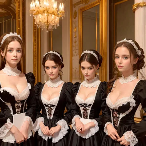 victorian maids line up, luxury royal lobby, detailed face, cute face, attractive feminine body, young girls:1.4, cleavage