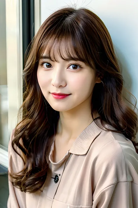 Woman in her early 30s、curtain bangs、dark brown hair、loose wavy hair、Korean Hair