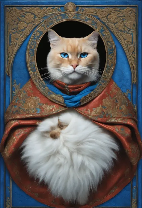 big fluffy white cat with cool leather necklace attack scared orthodox pop with blue beard and tattered robe