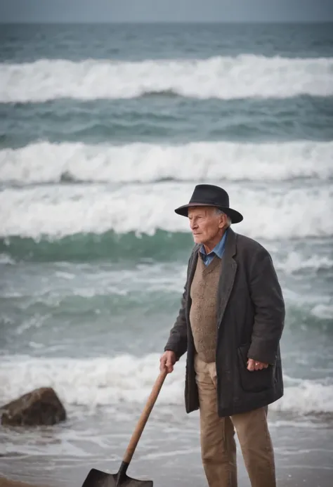 Old man，Wear a hat and a hat，Hold a shovel in hand，Gaze at the waves