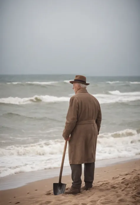 Old man，Wear a hat and a hat，Hold a shovel in hand，Gaze at the waves