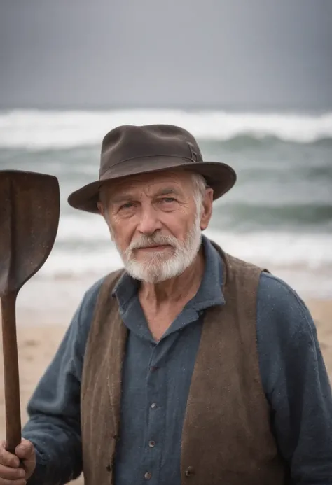 Old man，Wear a hat and a hat，Hold a shovel in hand，Gaze at the waves