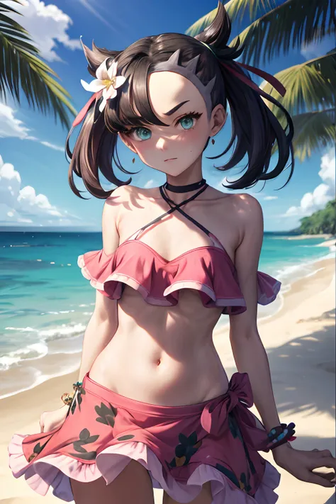 "hmmarnie, with aqua eyes and a green ribbon, possesses model-like looks. She appears slightly embarrassed, wearing a hair flower, earrings, jewelry, and a halterneck. She also adorns a bracelet and reveals her navel in a pink frilled bikini, complemented ...