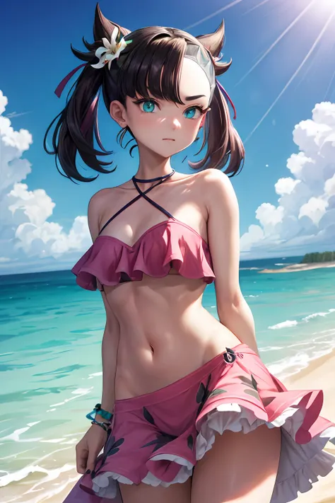 "hmmarnie, with aqua eyes and a green ribbon, possesses model-like looks. She appears slightly embarrassed, wearing a hair flower, earrings, jewelry, and a halterneck. She also adorns a bracelet and reveals her navel in a pink frilled bikini, complemented ...