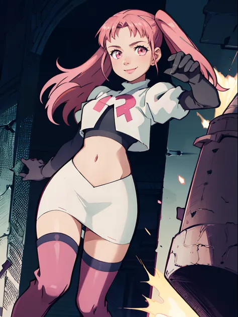 hilda valentine goneril, twintails pink hair, pink eyes ,rocket,team rocket uniform, red letter r, white skirt,white crop top,bl...