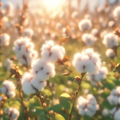 (best quality,4k,8k,highres,masterpiece:1.2),ultra-detailed,(realistic,photorealistic,photo-realistic:1.37),cotton field close up view,beautiful detailed cotton flowers,soft and delicate cotton buds,subtle sunlight filtering through the leaves,rich greener...