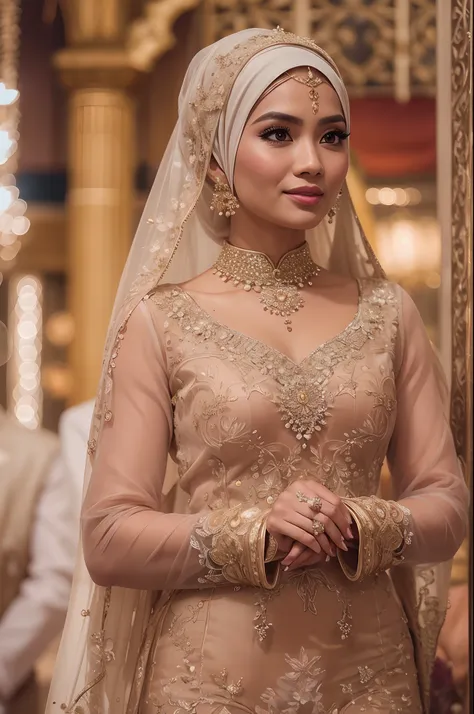 Capture the elegance of a Malay bride as she stands in a beautifully decorated Malay traditional wedding setting. The bride, adorned in a stunning and intricate baju kurung or kebaya, wears a hijab with delicate embellishments. Enhance the image with soft,...