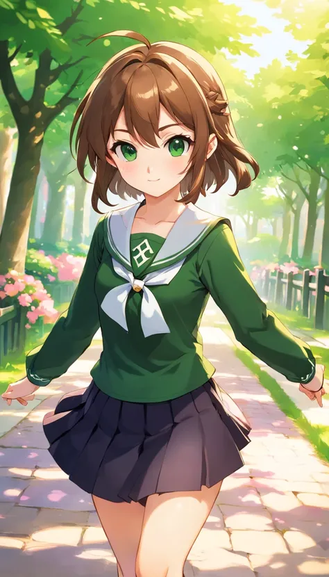 kinomoto sakura, 1girl, brown hair, short hair, antenna hair, two side up, hair bobbles, green eyes, school uniform, white sailor collar, black shirt, long sleeves, white skirt, pleated skirt