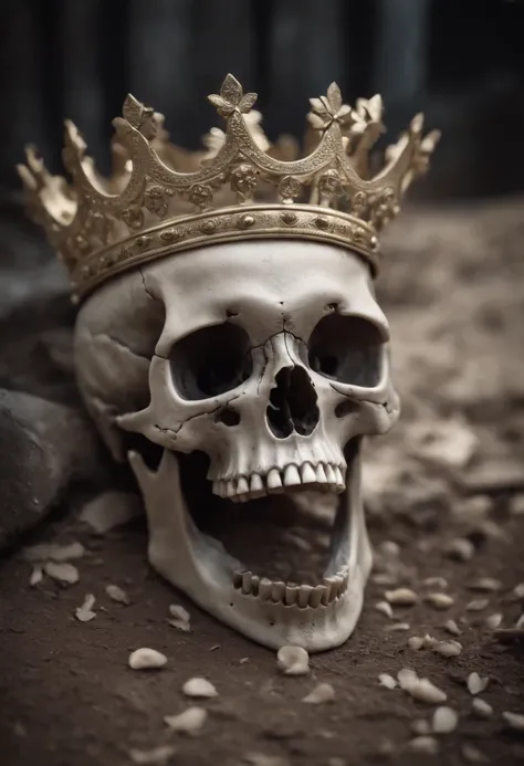 a skull laying on the ground while a crown is on it