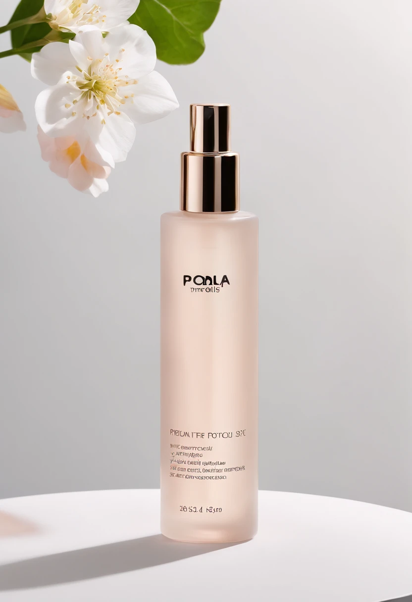 (best quality,4k,8k,highres,masterpiece:1.2),ultra-detailed,(realistic,photorealistic,photo-realistic:1.37),close-up of a bottle of toner and a selection of fresh flowers, clean facial and body skin, skincare, skin care, photoshoot for a skincare brand, pr...