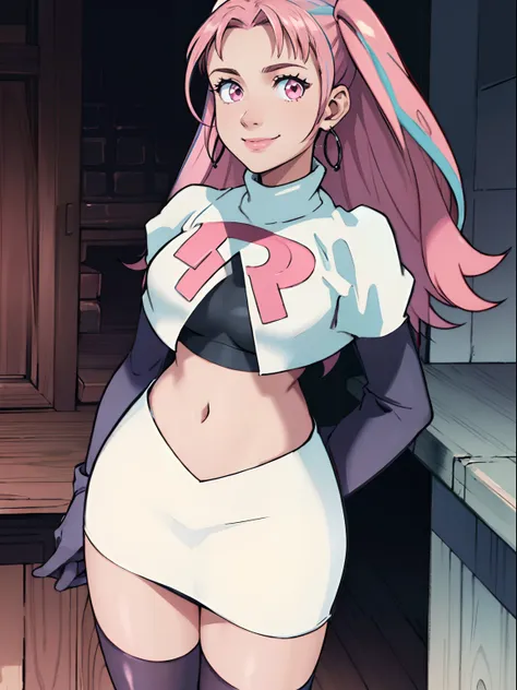 hilda valentine goneril, pink hair, pink eyes ,rocket,team rocket uniform, red letter r, white skirt,white crop top,black thigh-...