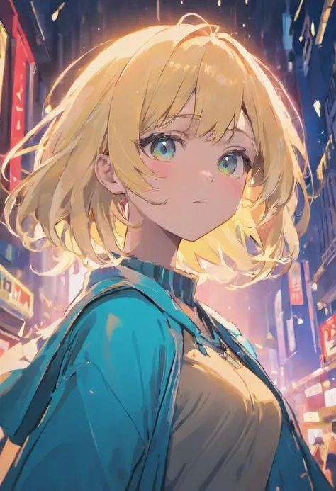 (best quality, high resolution, ultra-detailed:1.2), blonde, portrait, blue scarf, backlit, raining, blurred, neon lights, wide-eyed, semi-cartoon, 2D, elegant lady