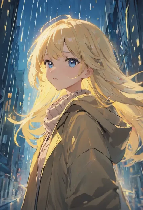 (best quality, high resolution, ultra-detailed:1.2), blonde, portrait, blue scarf, backlit, raining, blurred, neon lights, wide-eyed, semi-cartoon, 2D, elegant lady