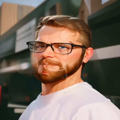 HD, (best detail) (best quality), detailed facial features, with a man with glasses and a beard standing in front of the building, cartoon