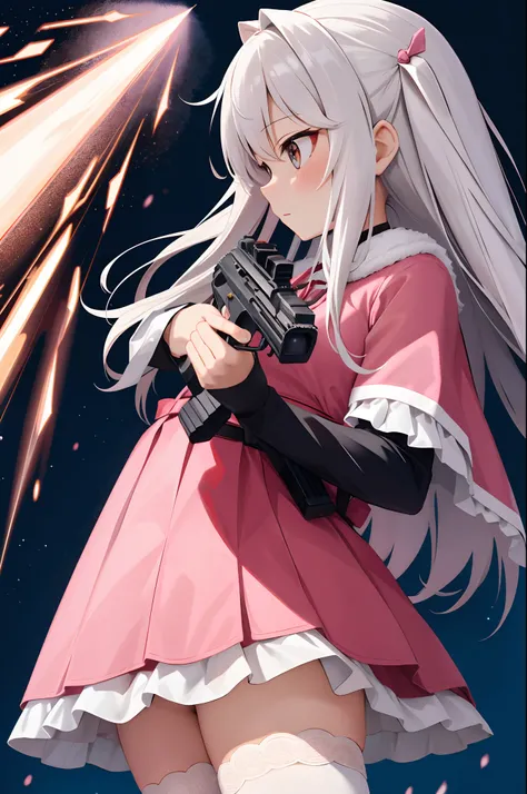 (profile), (tmasterpiece), beste-Qualit, 1girl, 独奏, Prisma ilya, ilya style, pink skirt, Pink Dress,cape,Wedding garter, Blick, INFLUENZA, (a closeup of a:0.8), stands, Holds a weapon, Holding a rifle, aimed at the viewer, CANNON, h&amp;k hk416, assault ri...