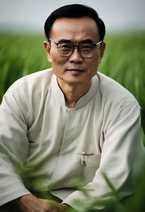 Create an image of Li Keqiang，Have the physiognomy and characteristics of Chinese，Sitting on the farmland