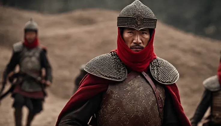 Dressed in armor, Han border warriors wear red scarves on their heads