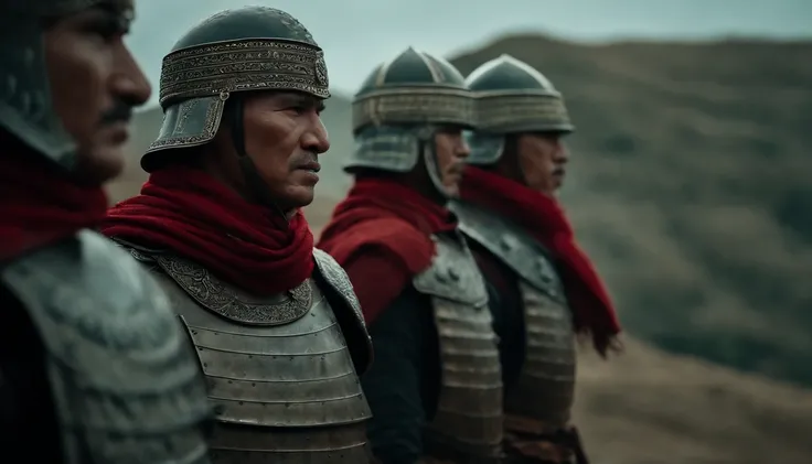 Dressed in armor, Han border warriors wear red scarves on their heads