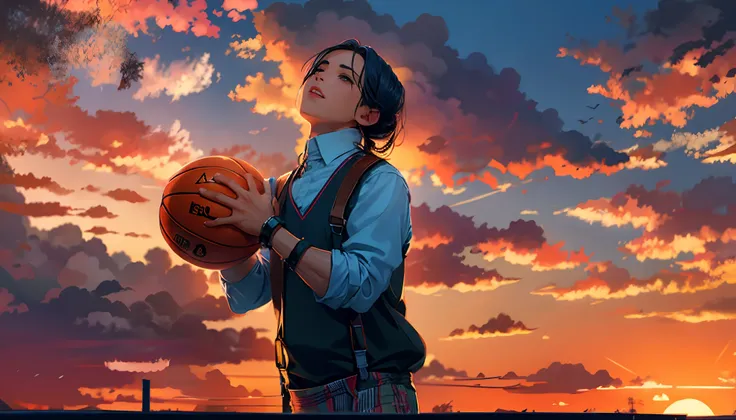 the sunset，eventide，middle parted hairstyle，Suspenders，Hands up，basketball ball