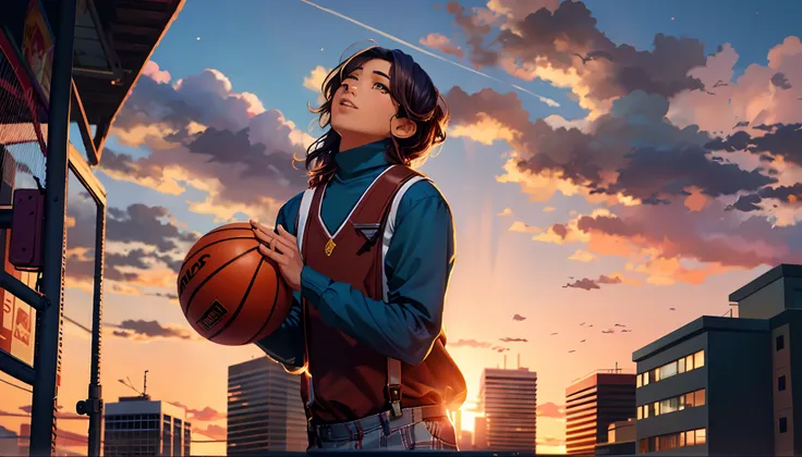 the sunset，eventide，middle parted hairstyle，Suspenders，Hands up，basketball ball