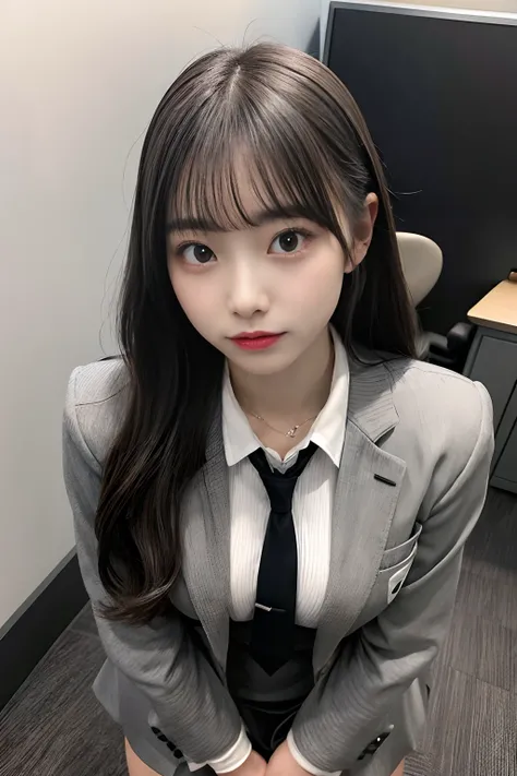 huge tit、g-cup、Woman in grey suit、Wearing a gray miniskirt、Height 145 cm、25-years old、I have my mouth wide open、Squatting in an empty office、Im looking at it from above