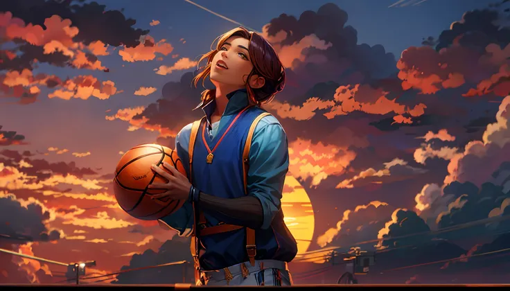 the sunset，eventide，middle parted hairstyle，Suspenders，Hands up，basketball ball