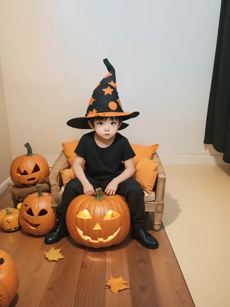 Boy with a pumpkin, Halloween Photos, Boy sitting, 真实感, Boy in a Magic Hat, 4k quality, Mysterious Photo,