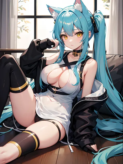 Long Hair, Twintail, Light Blue Hair, Yellow Eyes, Cat Ears, Cat Tail, Big Boobs, Wearing Hoodie, Long Stocking, Nighttime, Wearing Black Gloves, Inside a house