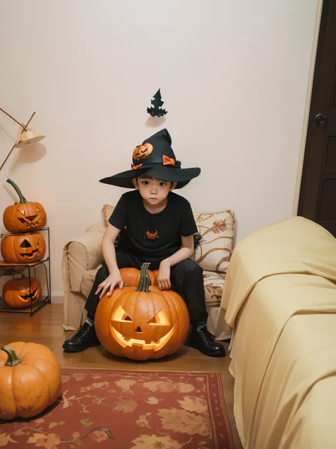 Boy with a pumpkin, Halloween Photos, Boy sitting, 真实感, Boy in a Magic Hat, 4k quality, Mysterious Photo,