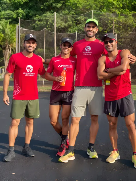 Equipe de treinamento de corrida com 4 pessoas de camisetas vermelhas. Temos 3 homens e 1 mulher