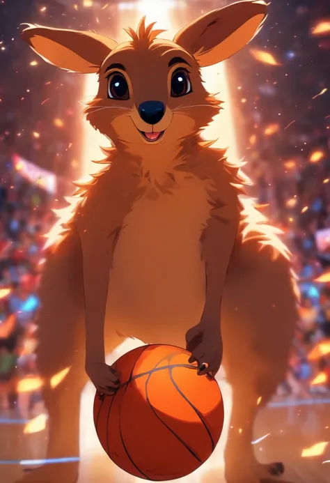 Cute animal anthropomorphism，Cute kangaroo（The head of an animal），wearing basketball outfit，Play basketball on the basketball court，It jumps up and slams the dunk，Lovely drawing style，（Cinematic lighting1.6），Golden ratio composition，the right proportions，h...