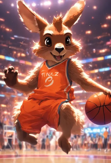 Cute animal anthropomorphism，Cute kangaroo（The head of an animal），wearing basketball outfit，Play basketball on the basketball court，It jumps up and slams the dunk，Lovely drawing style，（Cinematic lighting1.6），Golden ratio composition，the right proportions，h...