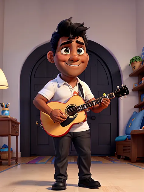 Disney pixar style, chubby, dark-skinned man, straight black hair with a pompadour, black eyes, playing the guitar