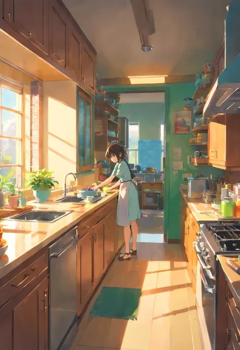 In the bright kitchen，(In the middle is the tap:1.4)，(Lots of bowls:1.2)，cupboard, microwave oven,Shades from blue to green，Super detail, High details, high qulity