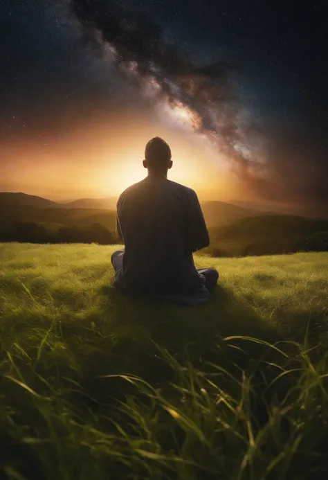 A person in prayer and in tune with God in the grass and with the sky full of galaxies, realistic 4k image