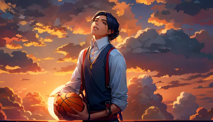 the sunset，eventide，middle parted hairstyle，Suspenders，Hold the basketball with both hands