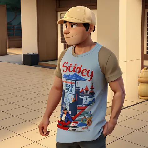 A man with a beige cap, japanese appearance, Estilo Disney Pixar, com camisa regata de anime