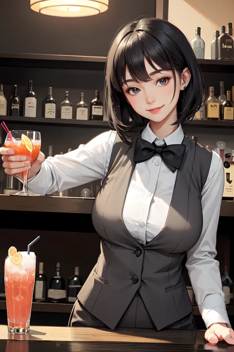 1lady solo standing, bartender /(formal outfit grey vest bowtie/), mature female, /(black hair/) bangs, kind smile, (masterpiece best quality:1.2) delicate illustration ultra-detailed, large breasts BREAK /(bar counter/) /(cocktail glass/) indoors, night, ...