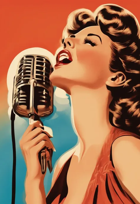 A portrait of a beautiful young woman singing karaoke, vintage illustration, chromolithograph, 80s style, white background.