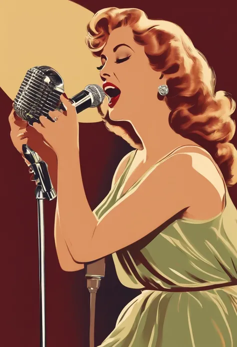 A portrait of a beautiful young woman singing karaoke, vintage illustration, chromolithograph, 80s style, white background.