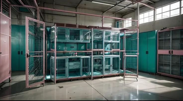 15 cages on either side of a science laboratory, the cages are filled with inhumane amounts of little aliens that are pink and blue; the science lab is broken down and filled with sewage and green fluids