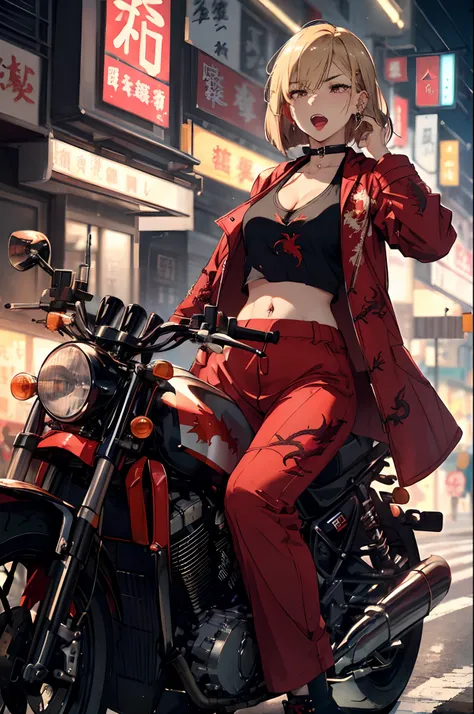 (​master piece:1.4),ultra-quality, Hyper Detailed,Perfect drawing,3D Photography,16K illustrations、(((clearface)))、((Hi-Res))、1 persons、femele、(((Riding a motorcycle)))、(((a blond)))、(((a short bob))),The tattoo、(((Whitening skin)))、((Violet lipstick))、(Ra...