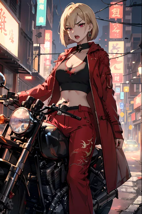 (​master piece:1.4),ultra-quality, Hyper Detailed,Perfect drawing,3D Photography,16K illustrations、(((clearface)))、((Hi-Res))、1 persons、femele、(((Riding a motorcycle)))、(((a blond)))、(((a short bob))),The tattoo、(((Whitening skin)))、((Violet lipstick))、(Ra...