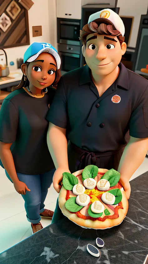 Um homem branco de 40 anos segura uma pizza com todas as fatias iguais, in her hands, Next to him is a brown-skinned woman in her 40s, Both are wearing hats and chefs outfits