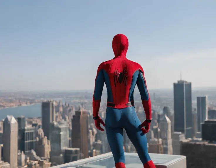 A spider-man on top of a skyscraper, MarcoR, cena de filme 8k, ::n_ desenho, mulher, Imperfection, baixa qualidade, boneco, jogo, anime, texto